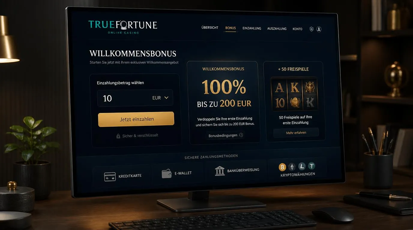 Bonusbereich eines Online-Casinos mit Einzahlung, 200-Euro-Bonus und Freispiel-Symbolen