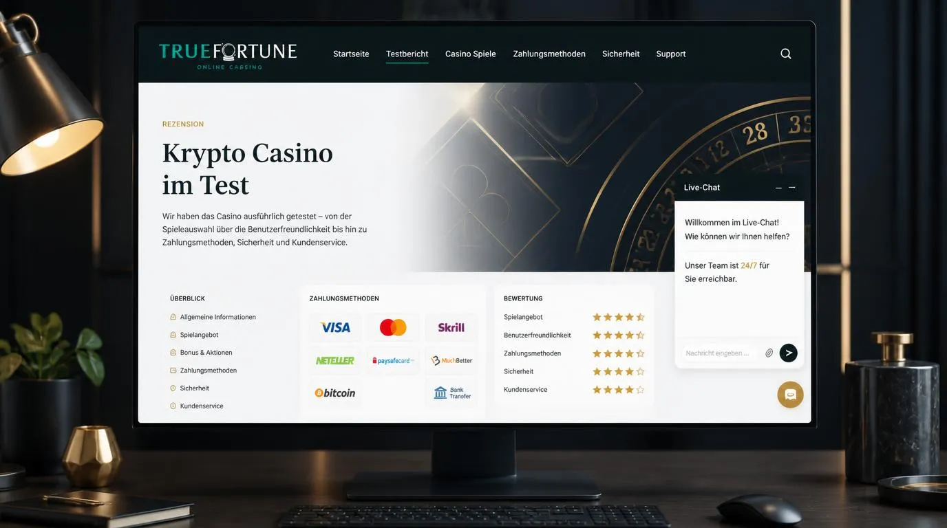 Klare Casino-Oberfläche mit Bitcoin-Zahlungsoption und rund um die Uhr verfügbarem Live-Chat