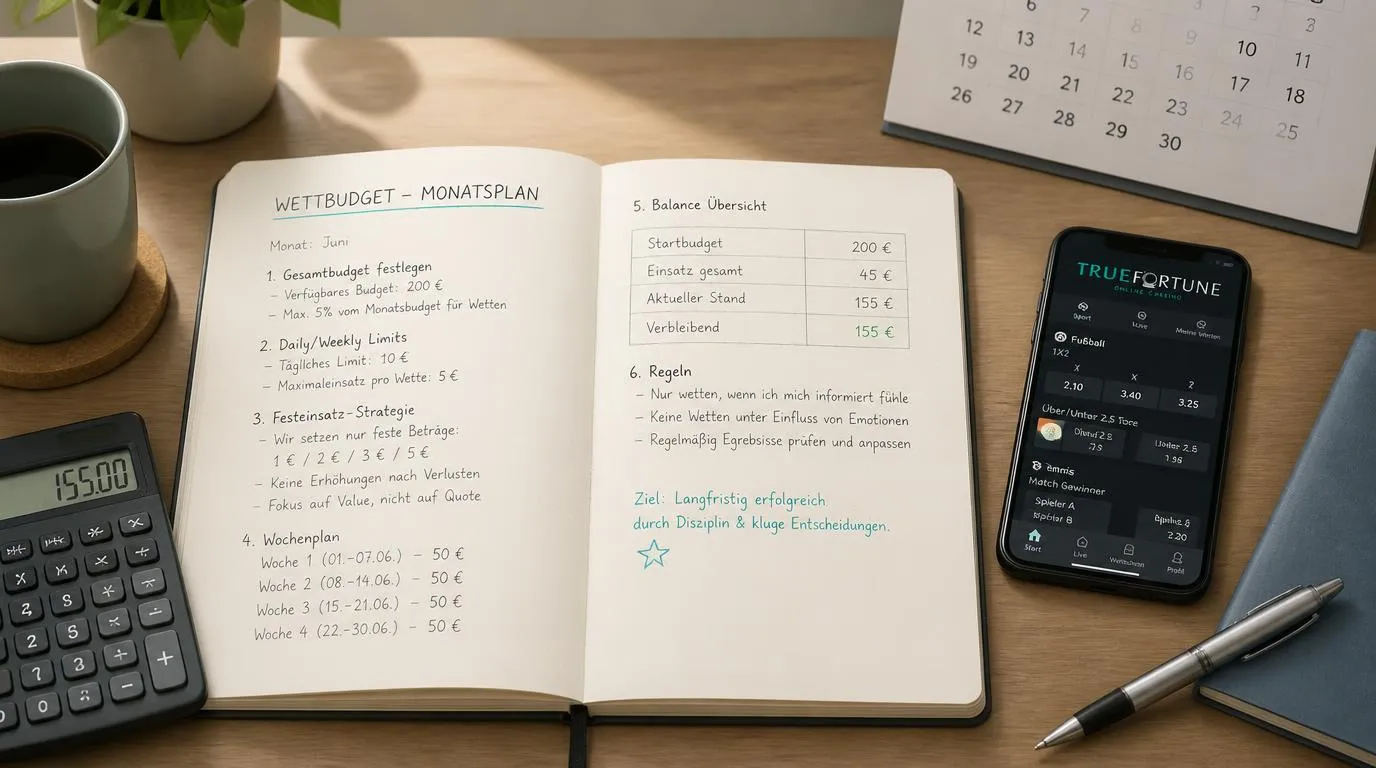 Notizbuch mit Wettbudget, festen Einsatzgrößen und Sportwetten-App auf einem Smartphone
