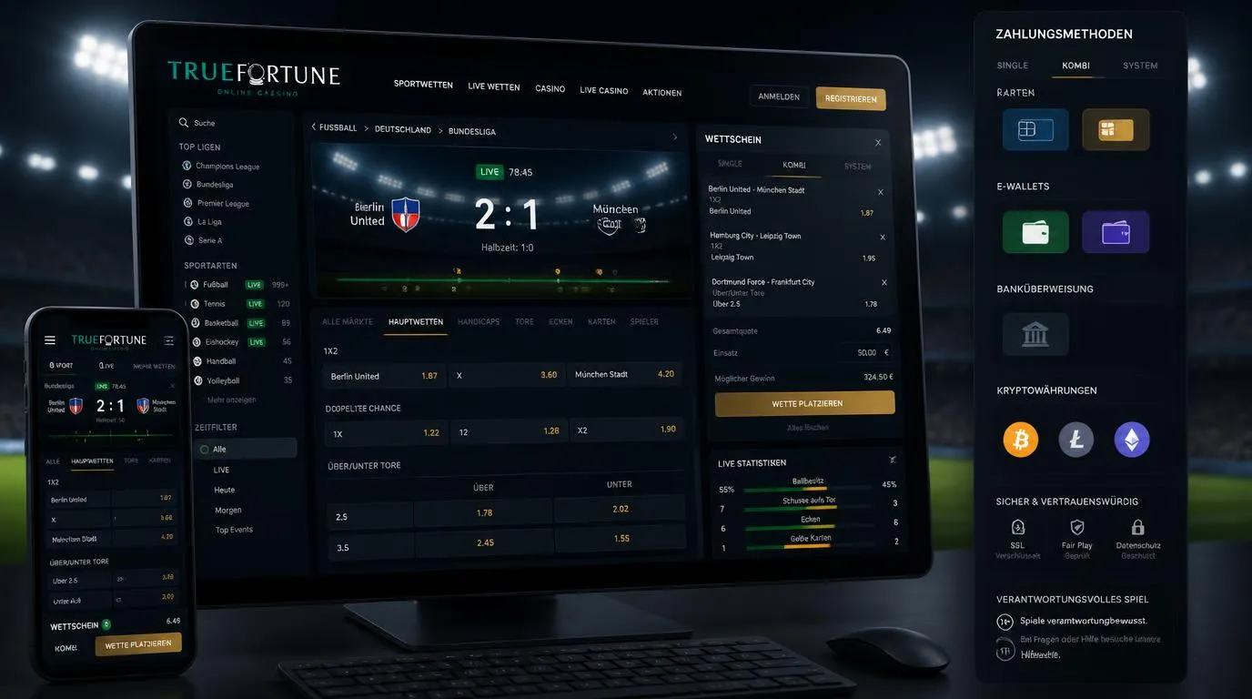 Sportwetten-Wettschein mit Fußball-Live-Märkten, Quoten und verschiedenen Zahlungsoptionen