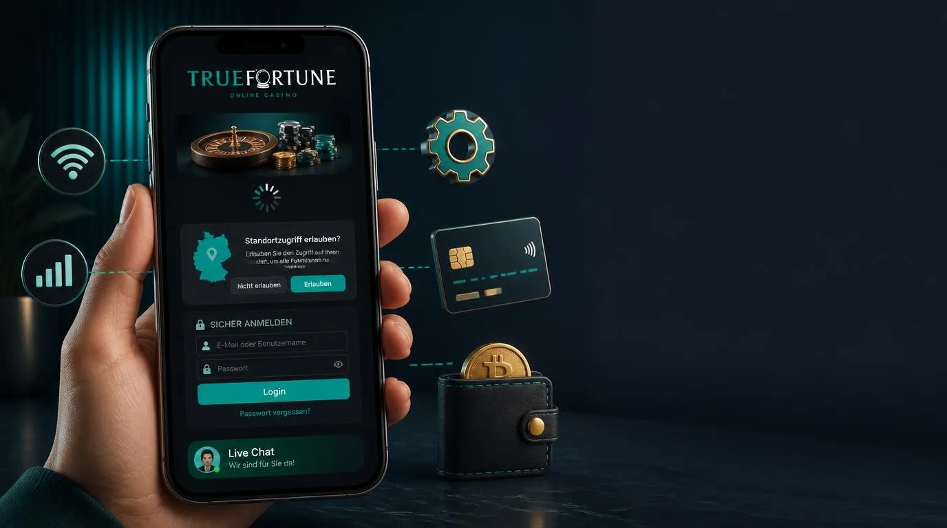 Smartphone mit Casino-App, Ladeanzeige, Standortprüfung und geöffnetem Live-Chat
