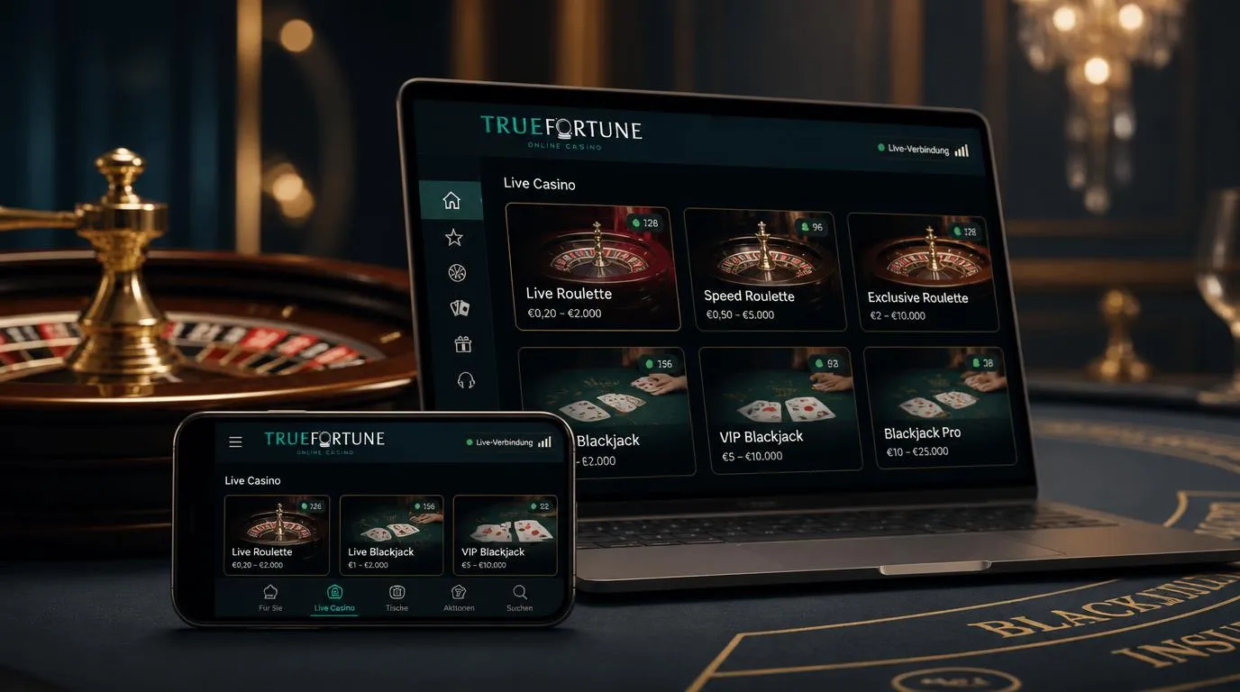 Live-Casino-Lobby mit Roulette- und Blackjack-Tischen auf einem Smartphone und Laptop