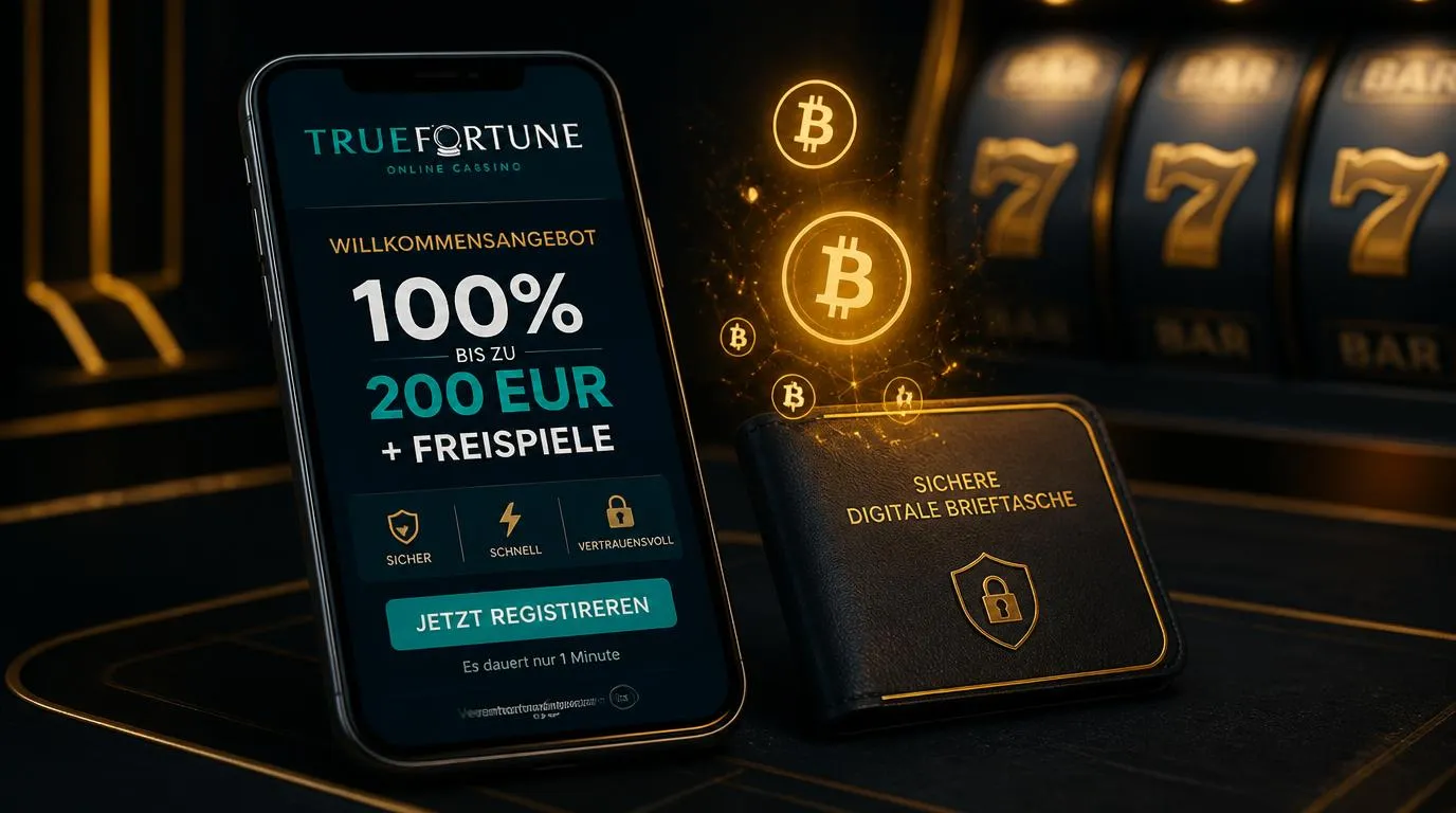 Casino-Bonus auf einem Smartphone neben Bitcoin-Symbolen und digitalen Spielautomaten