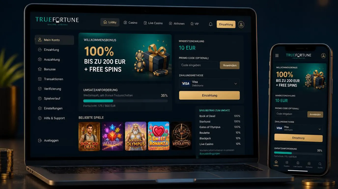 Casino-Spielerkonto mit Bonusübersicht, Einzahlung und Fortschrittsanzeige für Umsatzbedingungen