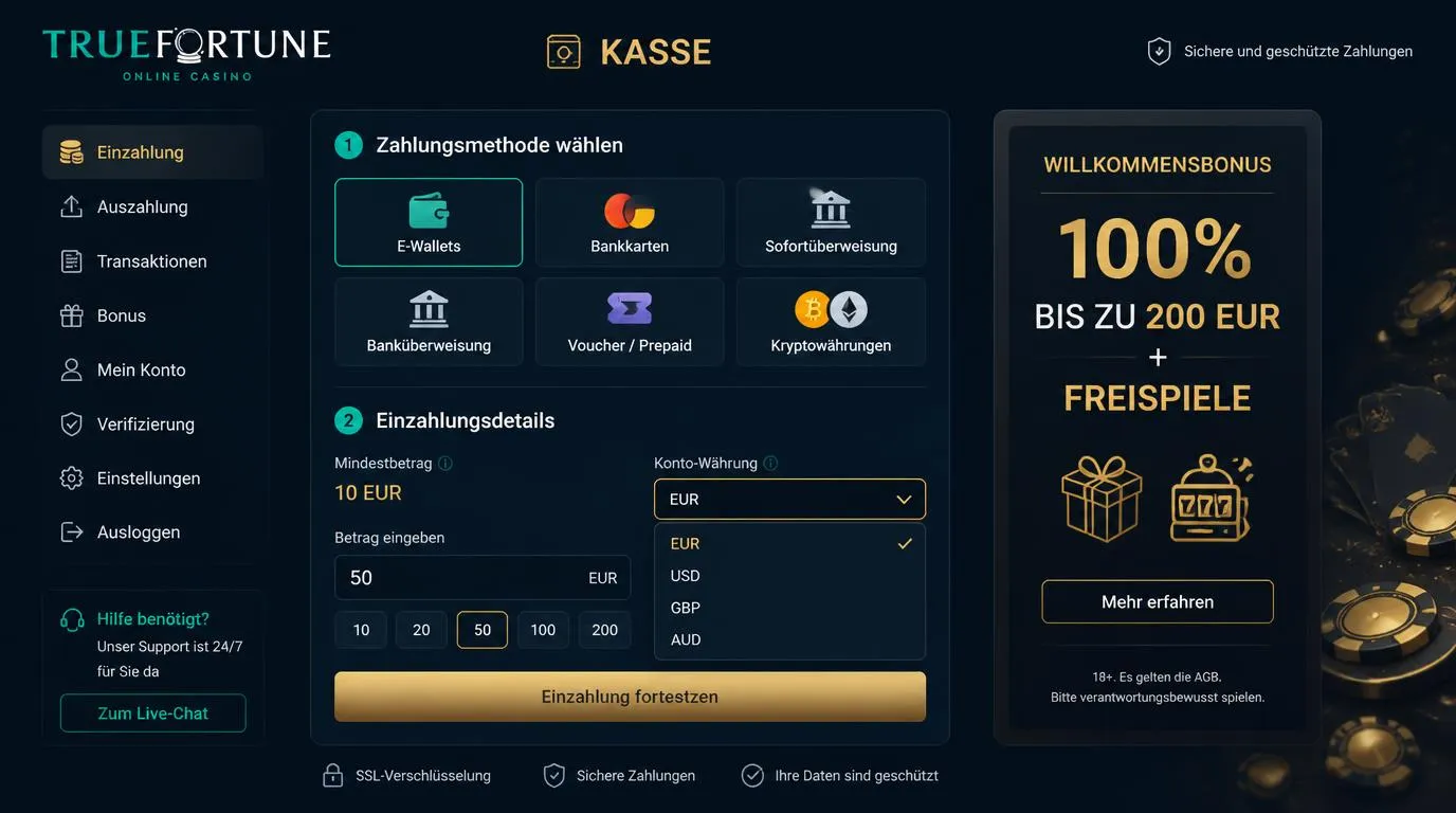 Casino-Kassenbereich mit Zahlungsarten, Mindesteinzahlung von 10 Euro und Auswahl der Kontowährung