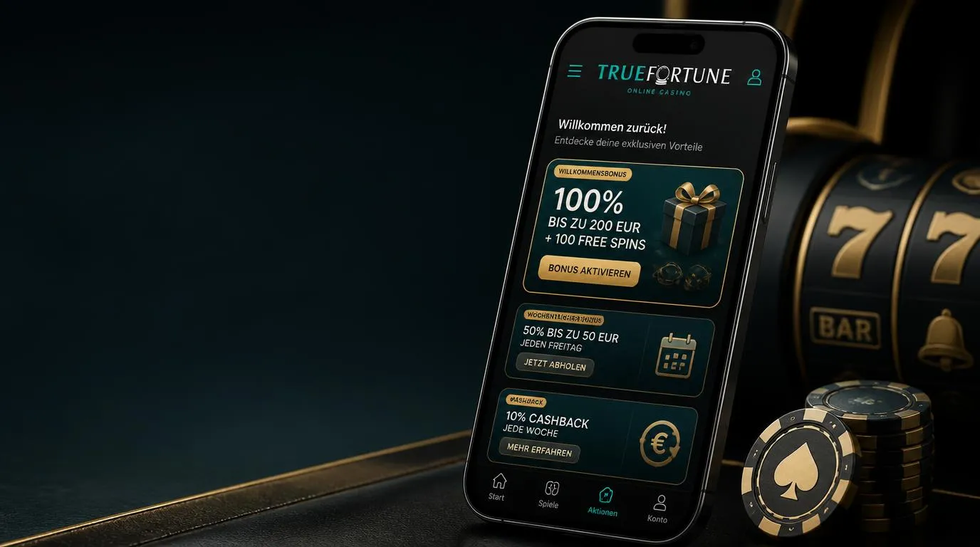Casino-Bonusbereich mit Willkommensangebot, Freispielen und wöchentlichen Belohnungen auf einem Smartphone