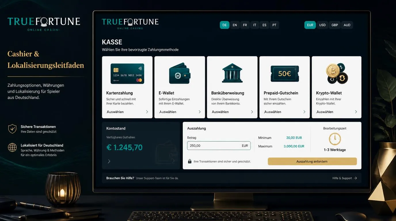 Kassenbereich eines Online-Casinos mit Karten, E-Wallets, Banküberweisung und Kryptowährungen