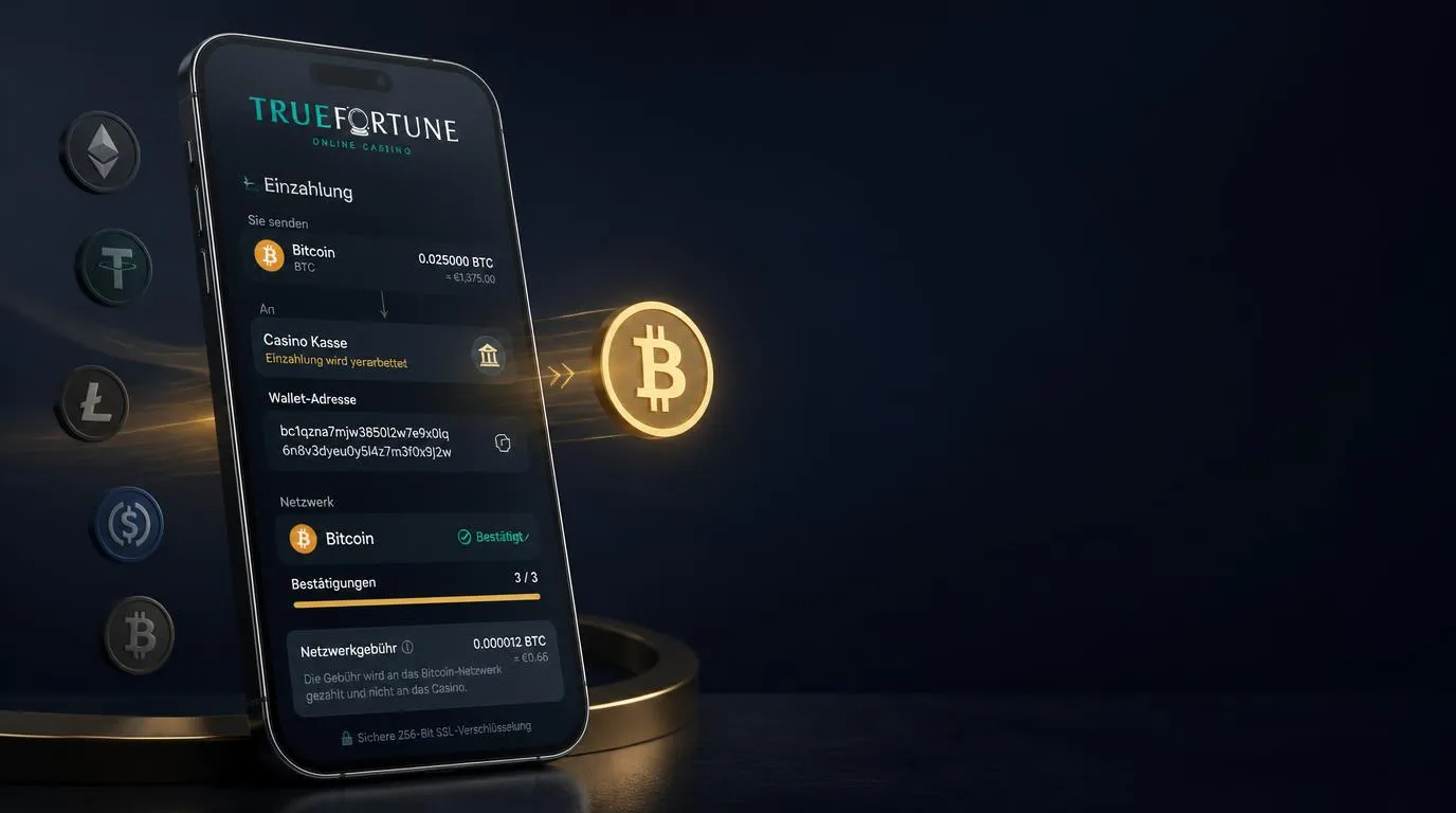 Krypto-Wallet mit Bitcoin-Überweisung und sichtbarer Netzwerkgebühr im Casino-Kassenbereich