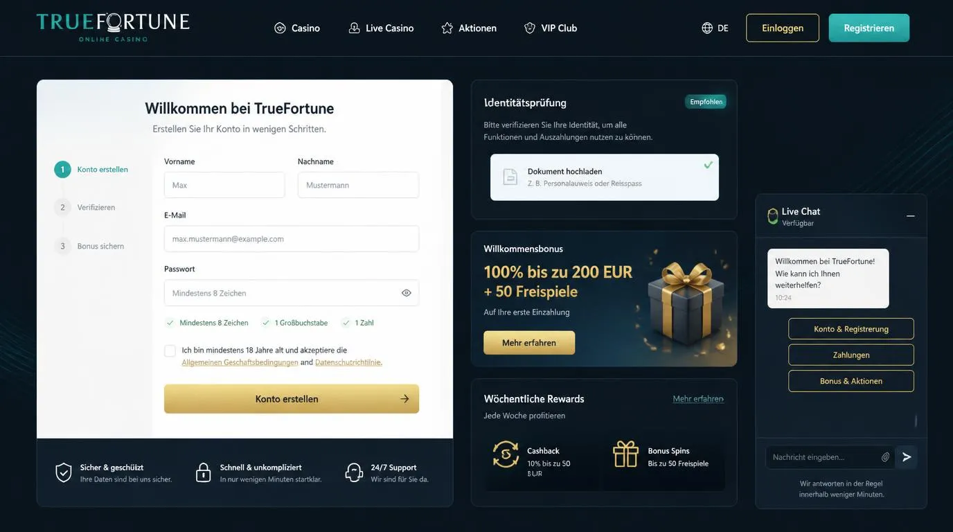 Registrierungsseite eines Online-Casinos mit Eingabefeldern, Bonuskarte und aktivem Live-Chat
