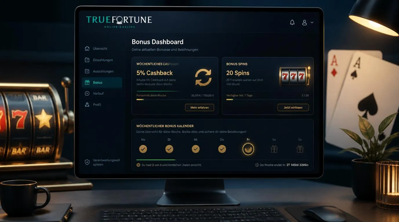 Casino-Bonusübersicht mit wöchentlichem Cashback, Freispiele-Kachel und Fortschrittsanzeige