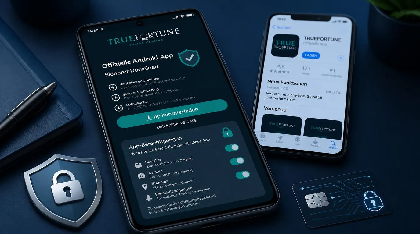 Smartphone mit offizieller Casino-App, geprüftem Download und sichtbaren Sicherheitseinstellungen